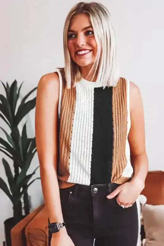 Knitted Vest - Khaki Stripe Color Block - Fashionfitz