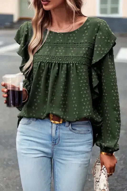 Lace Eyelet Ruffle Shoulder Long Sleeve Blouse - Fashionfitz