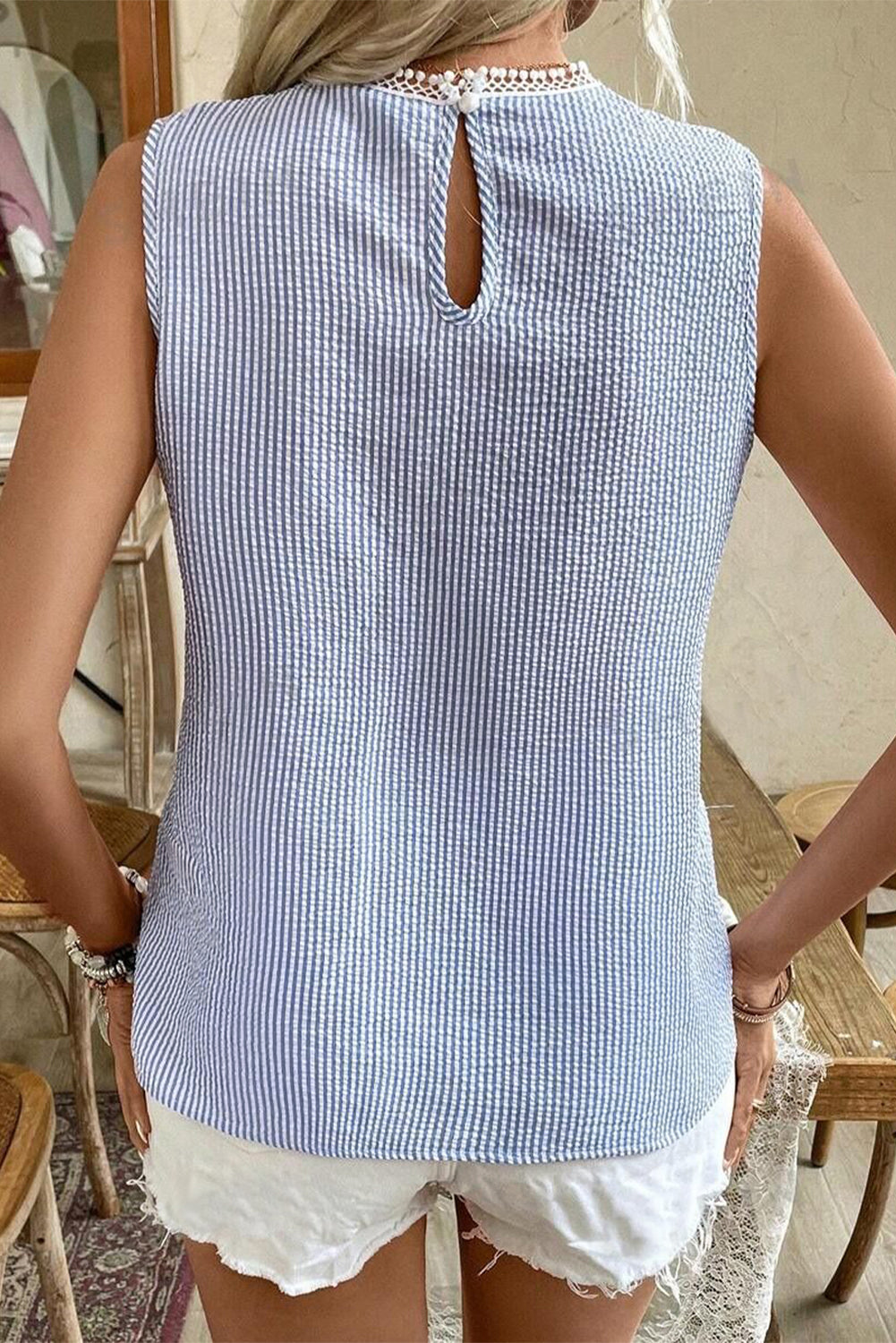 Fashionfitz Lace Stripe Tank Top featuring a stylish back keyhole design and soft fabric
