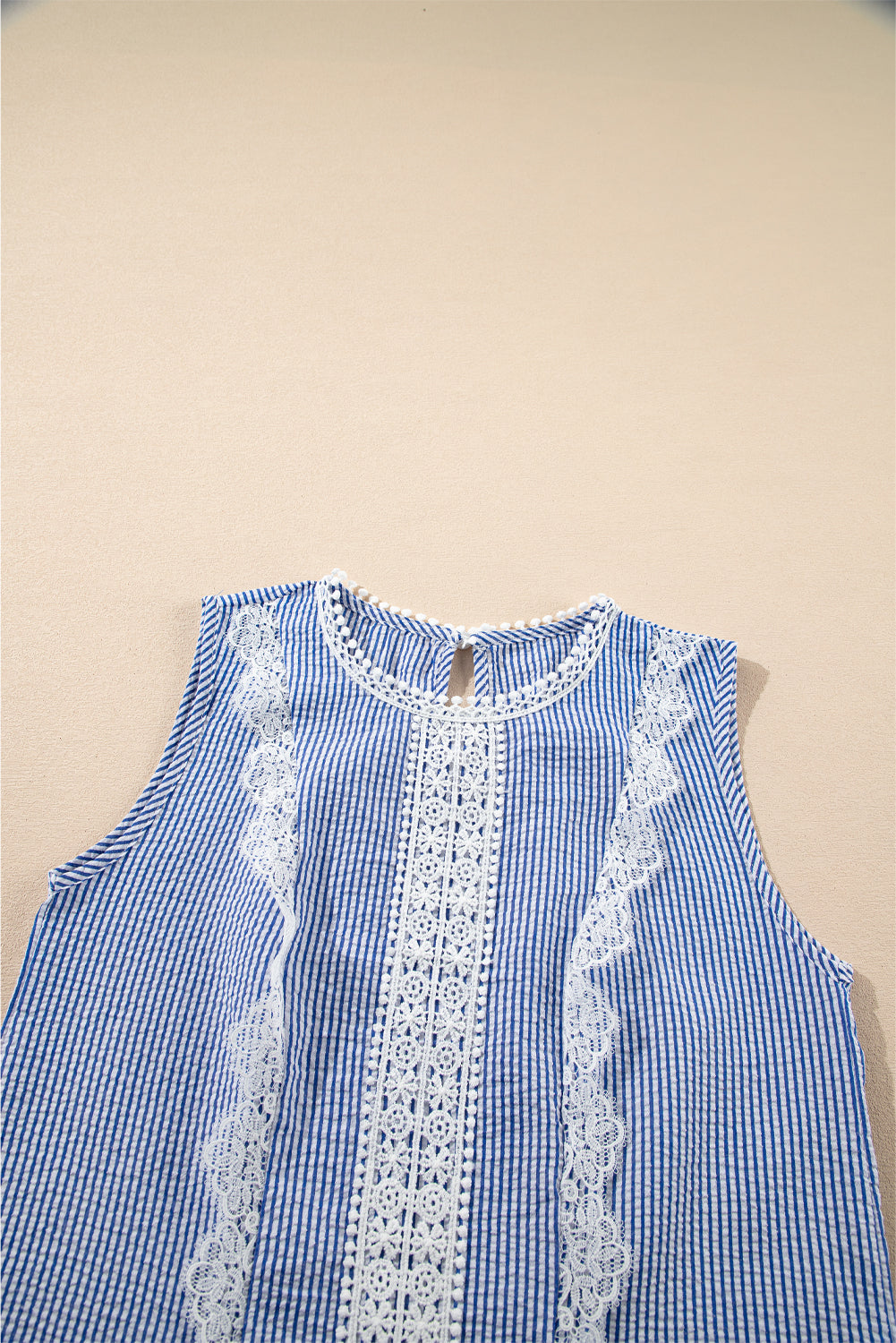 Fashionfitz lace stripe tank top in blue and white with lace detailing and a round neckline