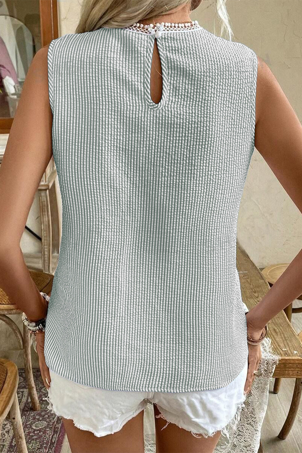 Fashionfitz lace stripe tank top in light fabric with keyhole back design for stylish summer wear