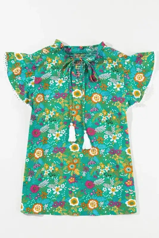 Lace Trim Tropical Floral Blouse - Fashionfitz