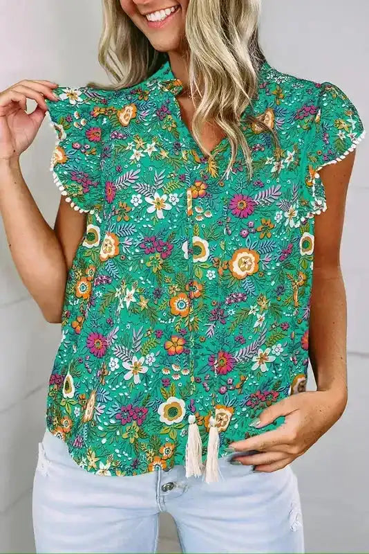 Lace Trim Tropical Floral Blouse - Fashionfitz