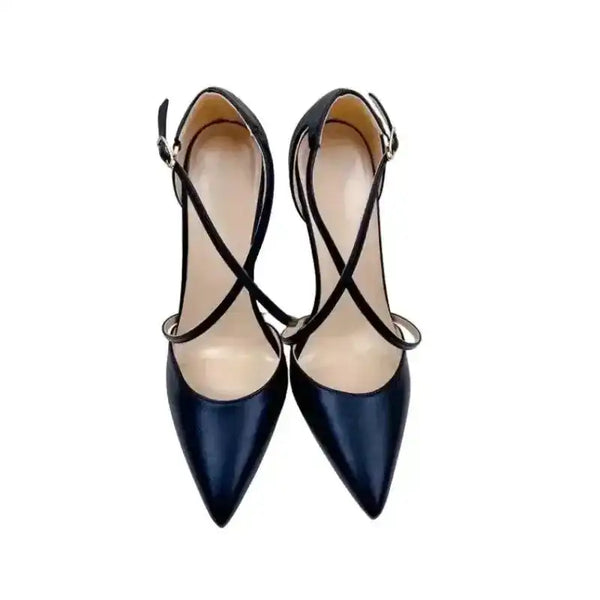 Top view of Black Lace‑Up High Heels – Sleek Stiletto Court Shoes showing elegant PU leather finish and crisscross strap design.