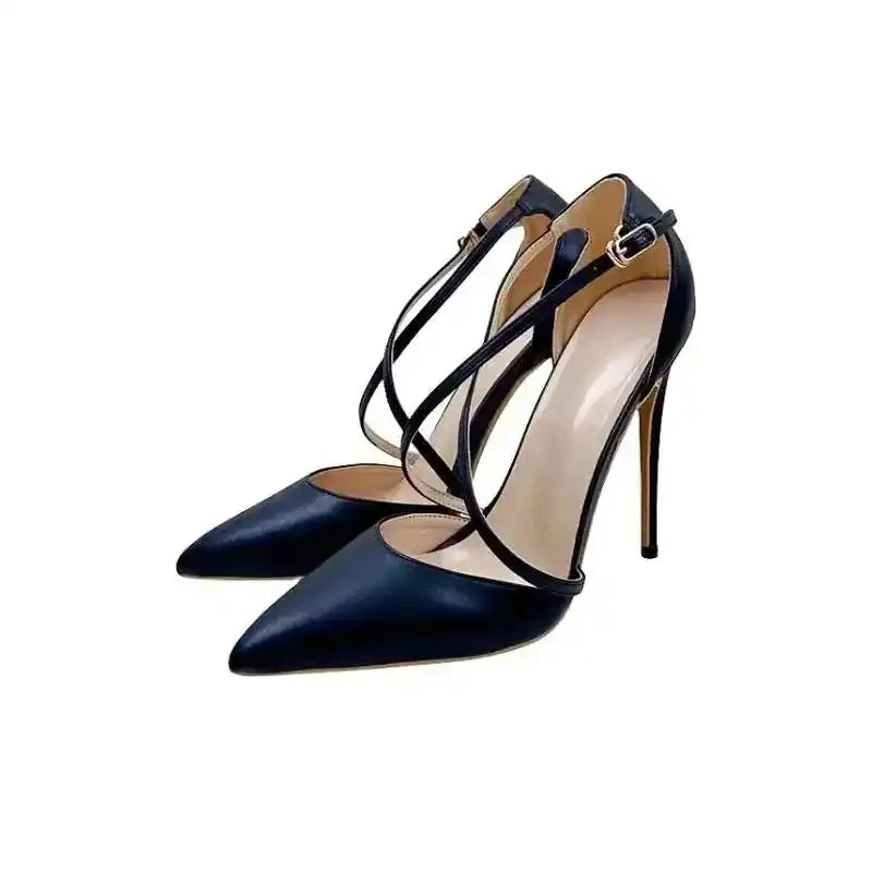Angled view of Black Lace‑Up High Heels – Sleek Stiletto Court Shoes with gold buckle and high stiletto heel for formal events.