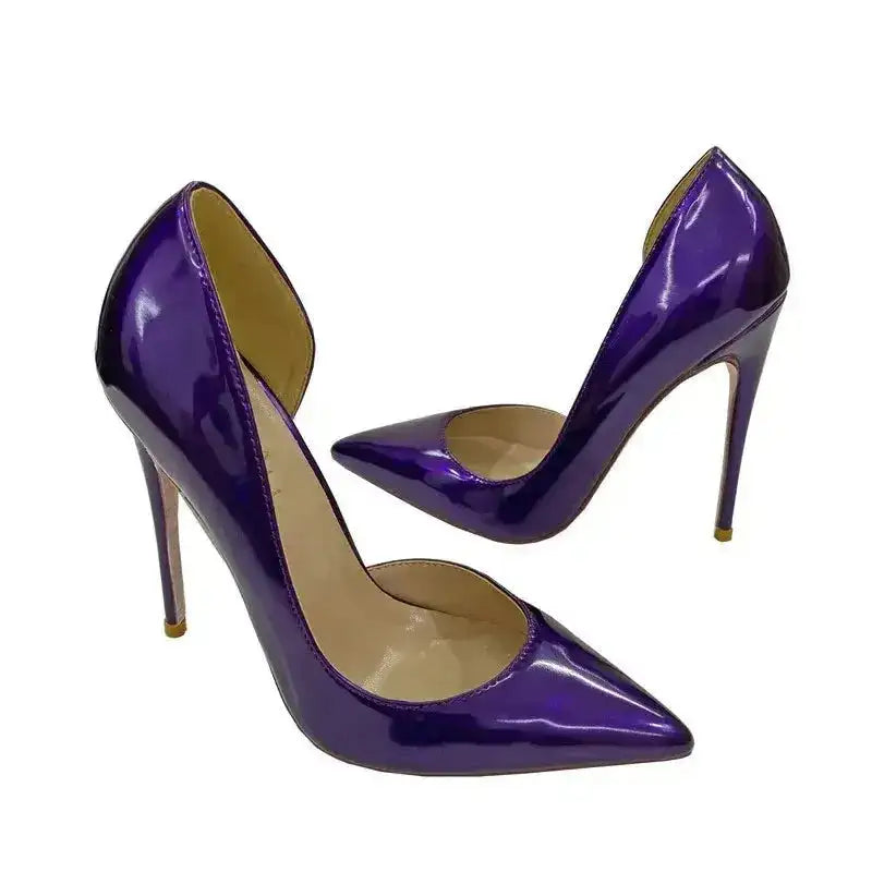 Purple lacquer leather stiletto pumps with side air cut, combining elegance and bold color for standout fashion statements.