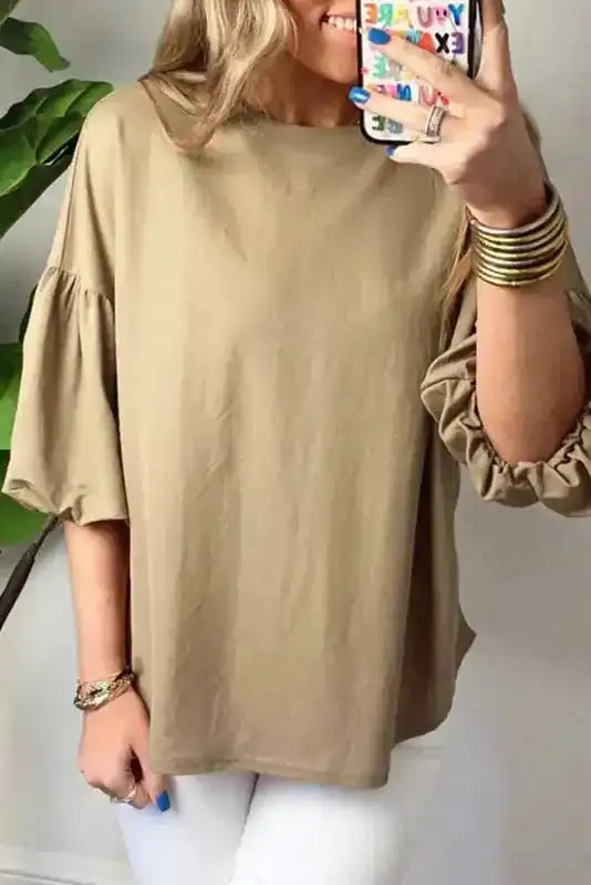 Lantern Sleeve Drop Shoulder Blouse - Light French Beige - Fashionfitz