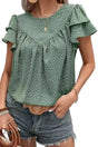 Polka Dot Ruffle Sleeve Ruched Round Neck Blouse Women UK in laurel green — front view showing ruched bodice and ruffle sleeves — Fashionfitz