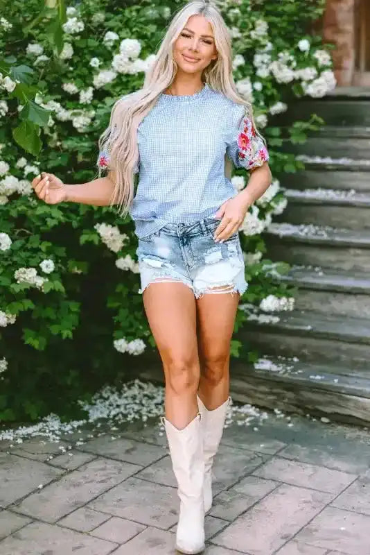 Light Blue Blouse - Gingham Floral Embroidered Puff Sleeve - Fashionfitz