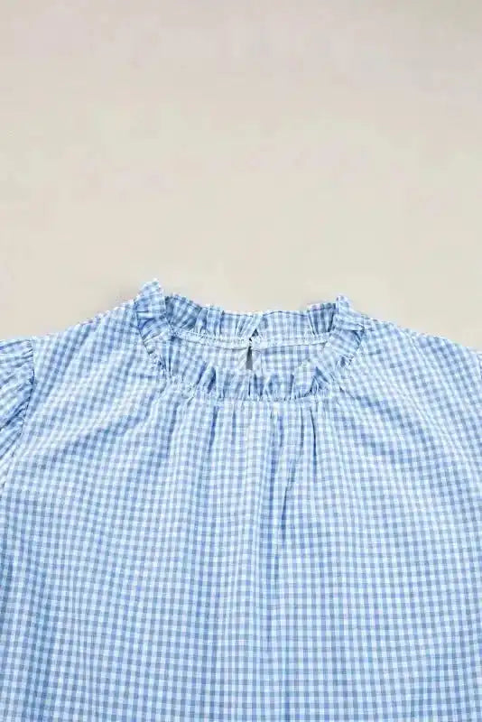 Light Blue Blouse - Gingham Floral Embroidered Puff Sleeve - Fashionfitz