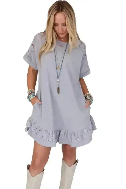 Light Grey Lace Floral Patchwork Ruffled T-shirt Dress - Fashionfitz