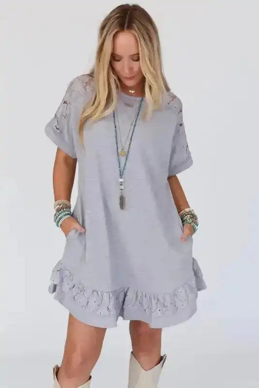 Light Grey Lace Floral Patchwork Ruffled T-shirt Dress - Fashionfitz