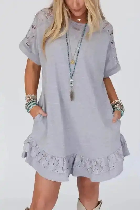 Light Grey Lace Floral Patchwork Ruffled T-shirt Dress - Fashionfitz