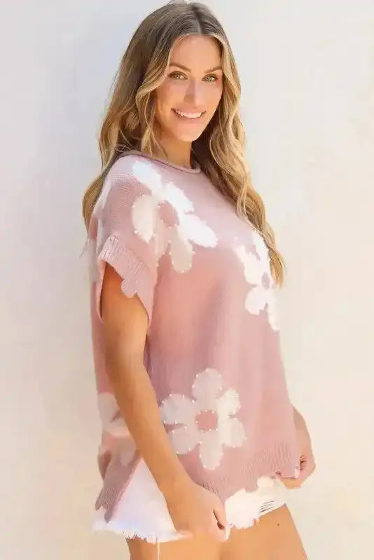 Light Pink Knit T-Shirt - Pearled Flower Distressed Edge - Fashionfitz