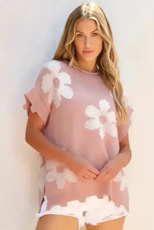 Light Pink Knit T-Shirt - Pearled Flower Distressed Edge - Fashionfitz