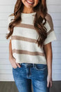 Lightweight Knit Top - Khaki Stripe Dropped Short Sleeve - Fashionfitz
