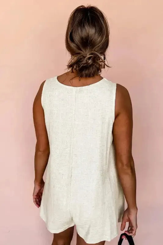 Linen Romper - Beige Sleeveless V Neck Buttoned - Fashionfitz