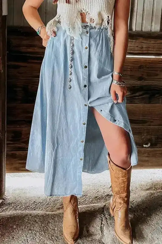 Long Denim Skirt - Mist Blue Fully Buttoned - Fashionfitz