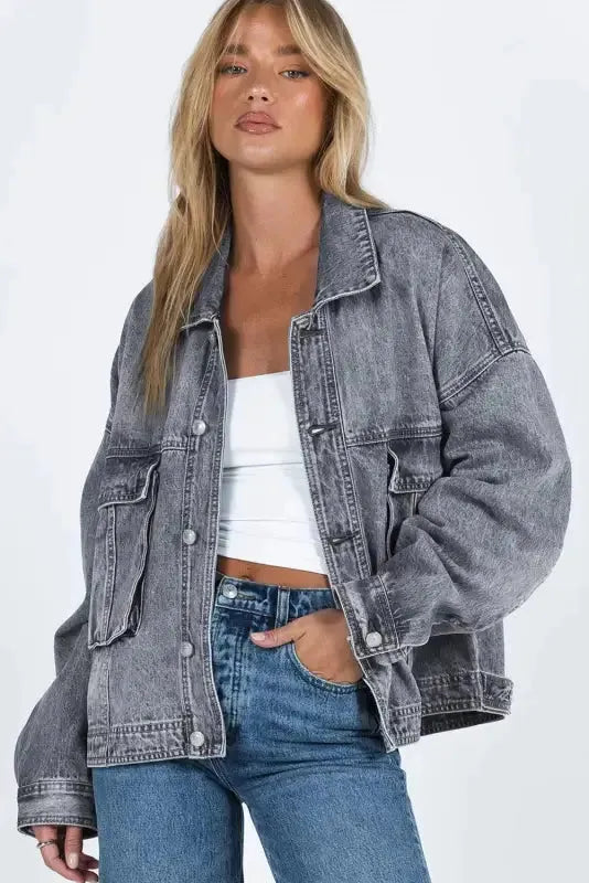 Loose Denim Jacket - Chest Pockets Drop Shoulder - Fashionfitz