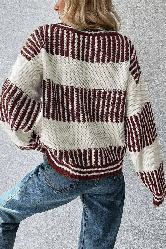 Two-tone brown knit jumper styled with jeans