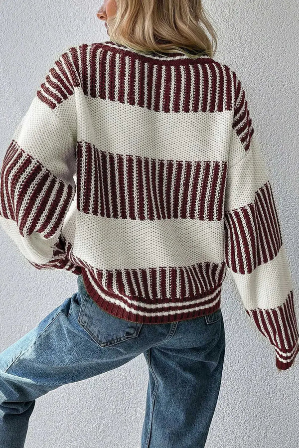 Brown two-tone striped loose jumper back view — Fashionfitz UK