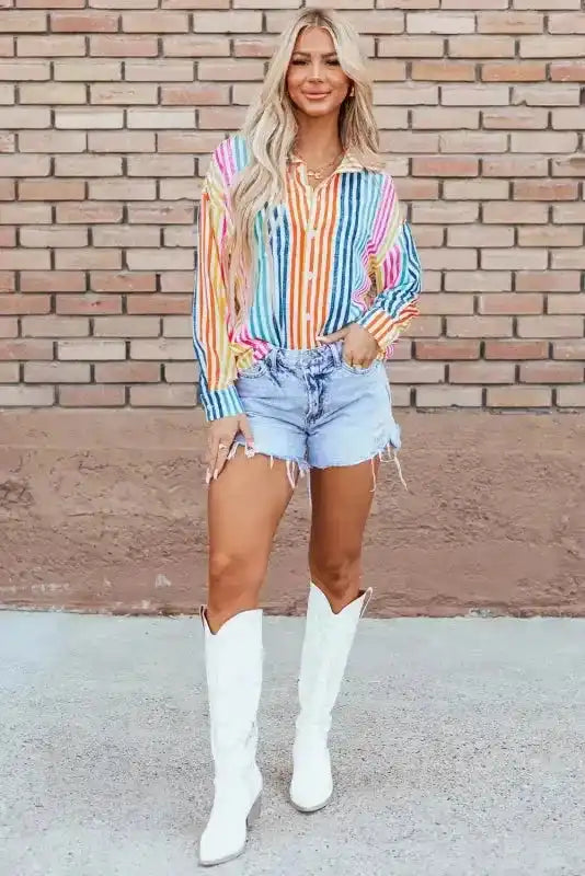 Loose Shirt - Orange Stripe Drop Shoulder - Fashionfitz
