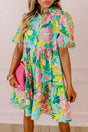 Floral puff sleeve collar buttoned babydoll mini dress front view — Fashionfitz UK