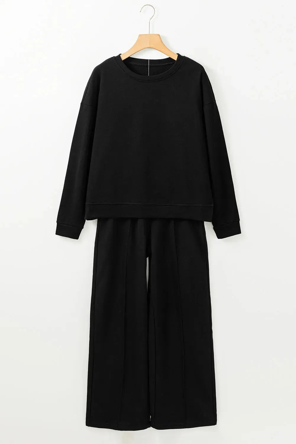 Black Solid Pullover and Seamed Casual Pants Set - Fashionfitz