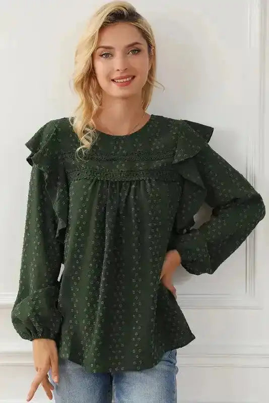 Mist Green Plus Lace Swiss Dot Ruffle Long Sleeve Top - Fashionfitz