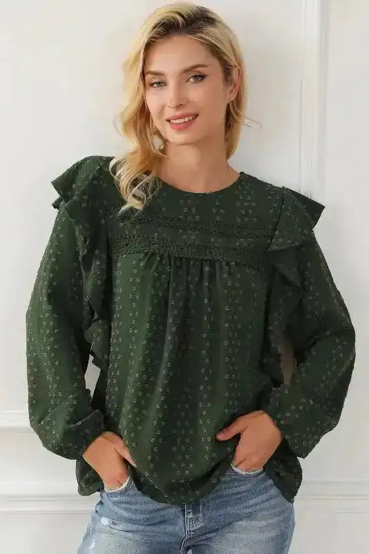 Mist Green Plus Lace Swiss Dot Ruffle Long Sleeve Top - Fashionfitz
