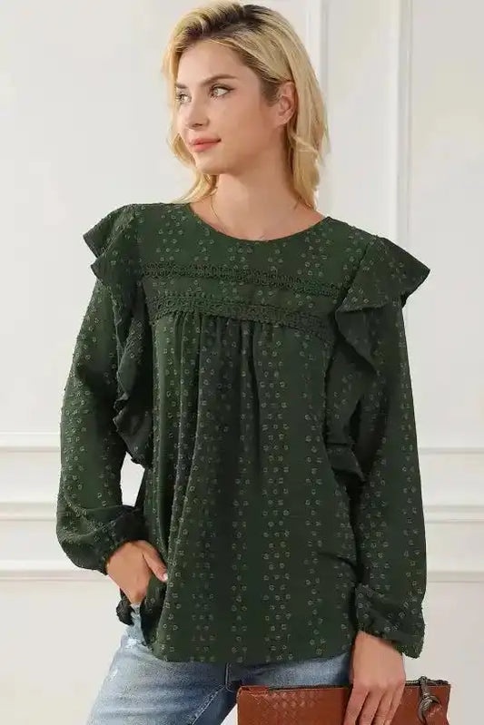 Mist Green Plus Lace Swiss Dot Ruffle Long Sleeve Top - Fashionfitz