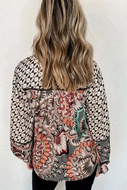 Mixed Floral Geometric Print Ruffled Long Sleeve Blouse - Fashionfitz