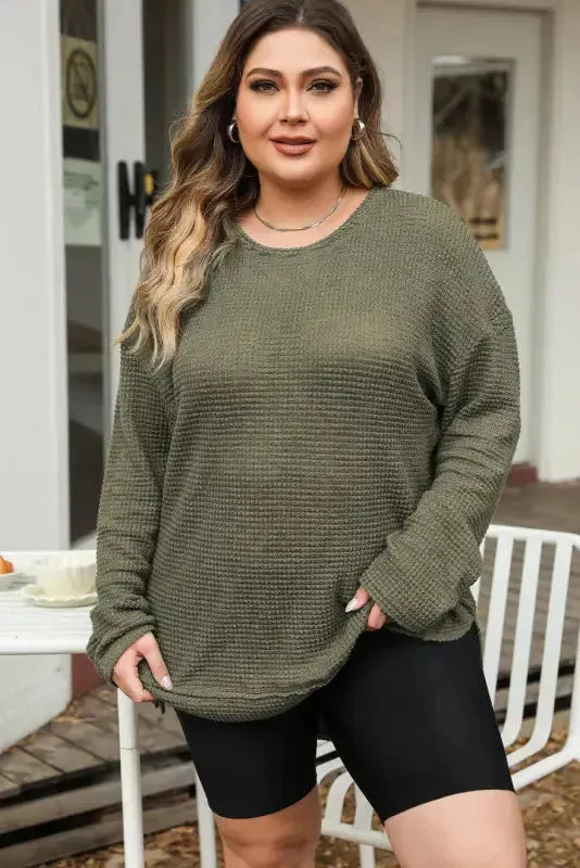 Moss Green Plus Size Textured Knit Long Sleeve Top - Fashionfitz