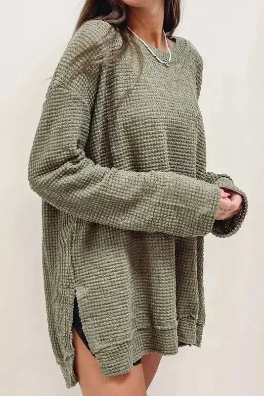 Moss Green Plus Size Textured Knit Long Sleeve Top - Fashionfitz