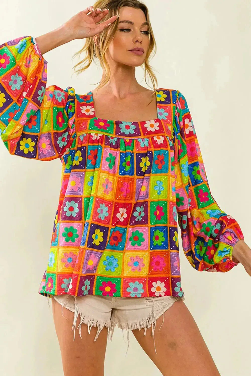 Multicolor Floral Crochet Square Neck Puff Sleeve Blouse - Fashionfitz