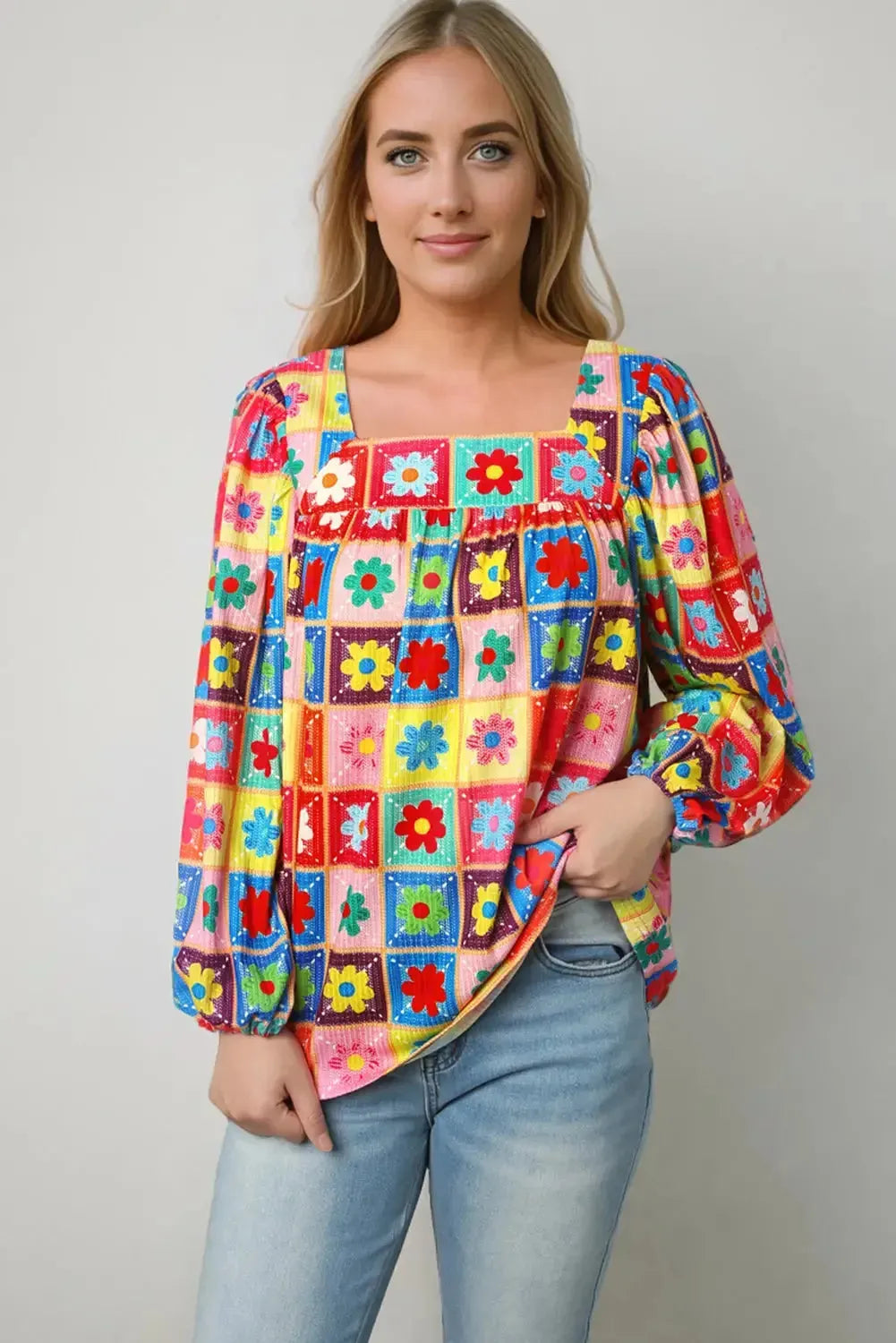 Multicolor Floral Crochet Square Neck Puff Sleeve Blouse - Fashionfitz