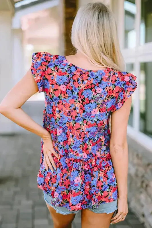 Multicolor Floral Print Ruffle Tiered Short Sleeve Babydoll Top - Fashionfitz