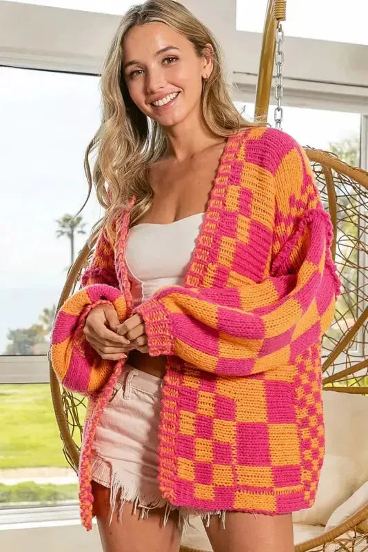 Checkered open front knit cardigan back view — Fashionfitz UK
