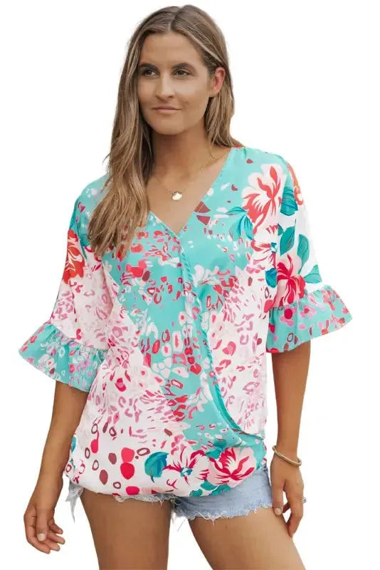 Multicolor Ruffle Sleeve Surplice Blouse - Fashionfitz