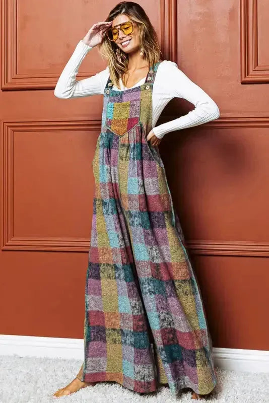 Multicolour Brushed Checkered Wide Leg Overalls - Fashionfitz