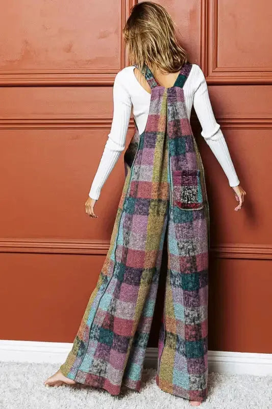 Multicolour Brushed Checkered Wide Leg Overalls - Fashionfitz