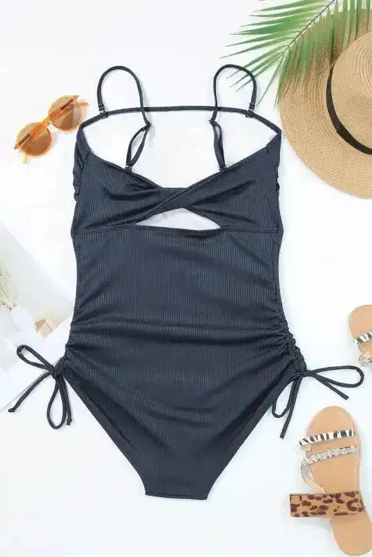 Navy Blue Ribbed Cutout One Piece Swimsuit - Fashionfitz