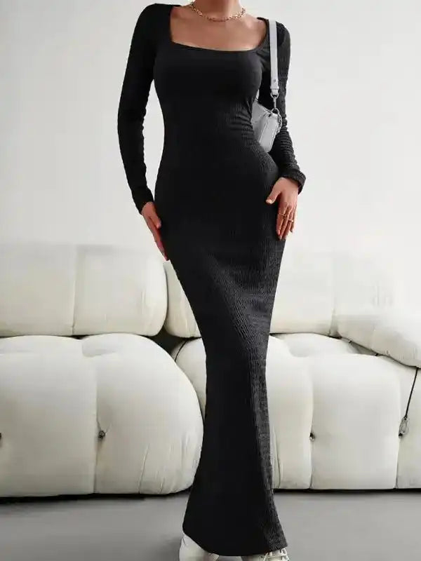 New Ladies Fit Square Neck Long Sleeve Knitted Dress - Fashionfitz