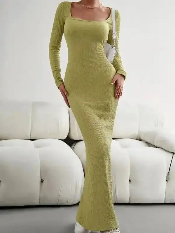 New Ladies Fit Square Neck Long Sleeve Knitted Dress - Fashionfitz
