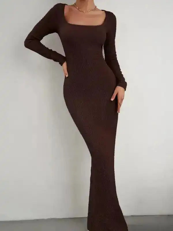 New Ladies Fit Square Neck Long Sleeve Knitted Dress - Fashionfitz