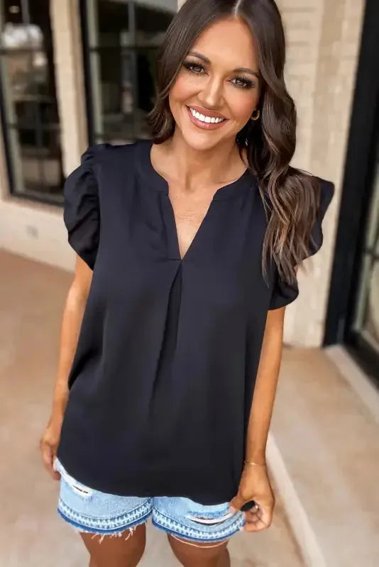 Notched Neck Ruffle Sleeve Blouse - Fashionfitz