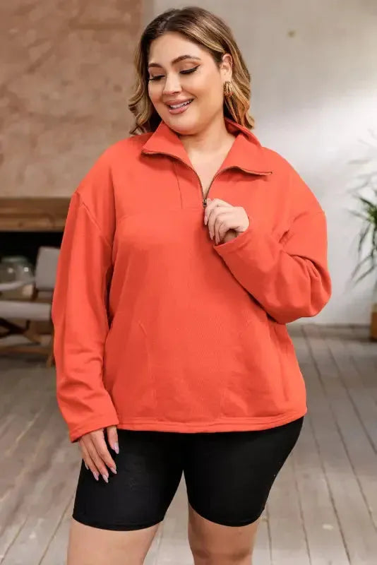 Orange O-ring Zipper Pocketed Plus Size Sweatshirt - Fashionfitz