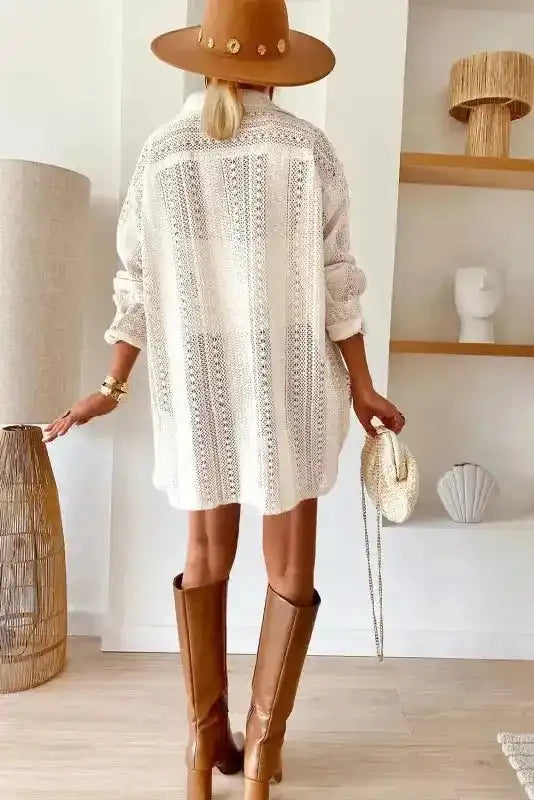 Oversized Shirt - Beige Lace Crochet - Fashionfitz