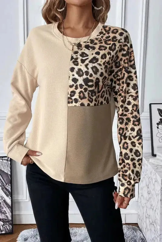 Pale Khaki Leopard Color-block Waffle Knit Top - Fashionfitz