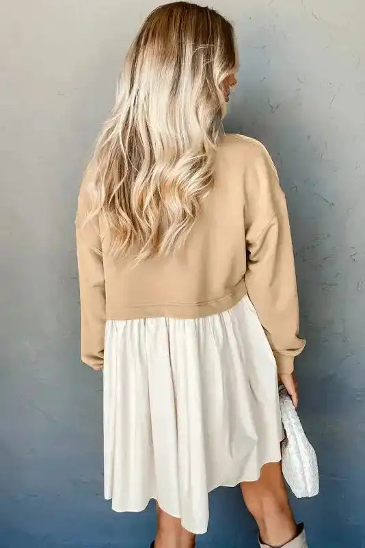 Khaki sweatshirt poplin mini dress back view — Fashionfitz UK